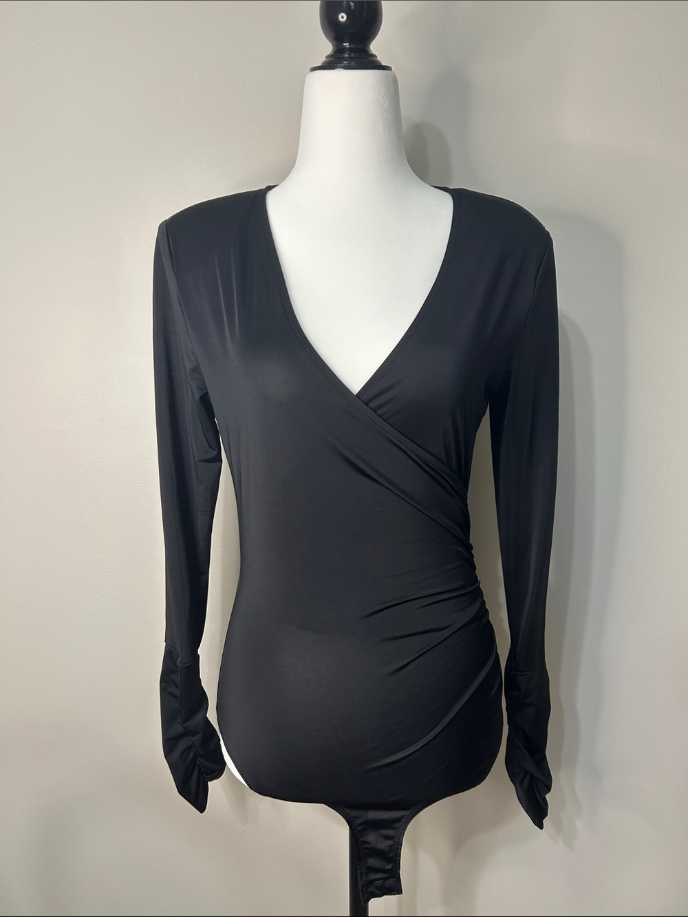 Fashion Nova Black Wrap-Front Long Sleeve Bodysuit